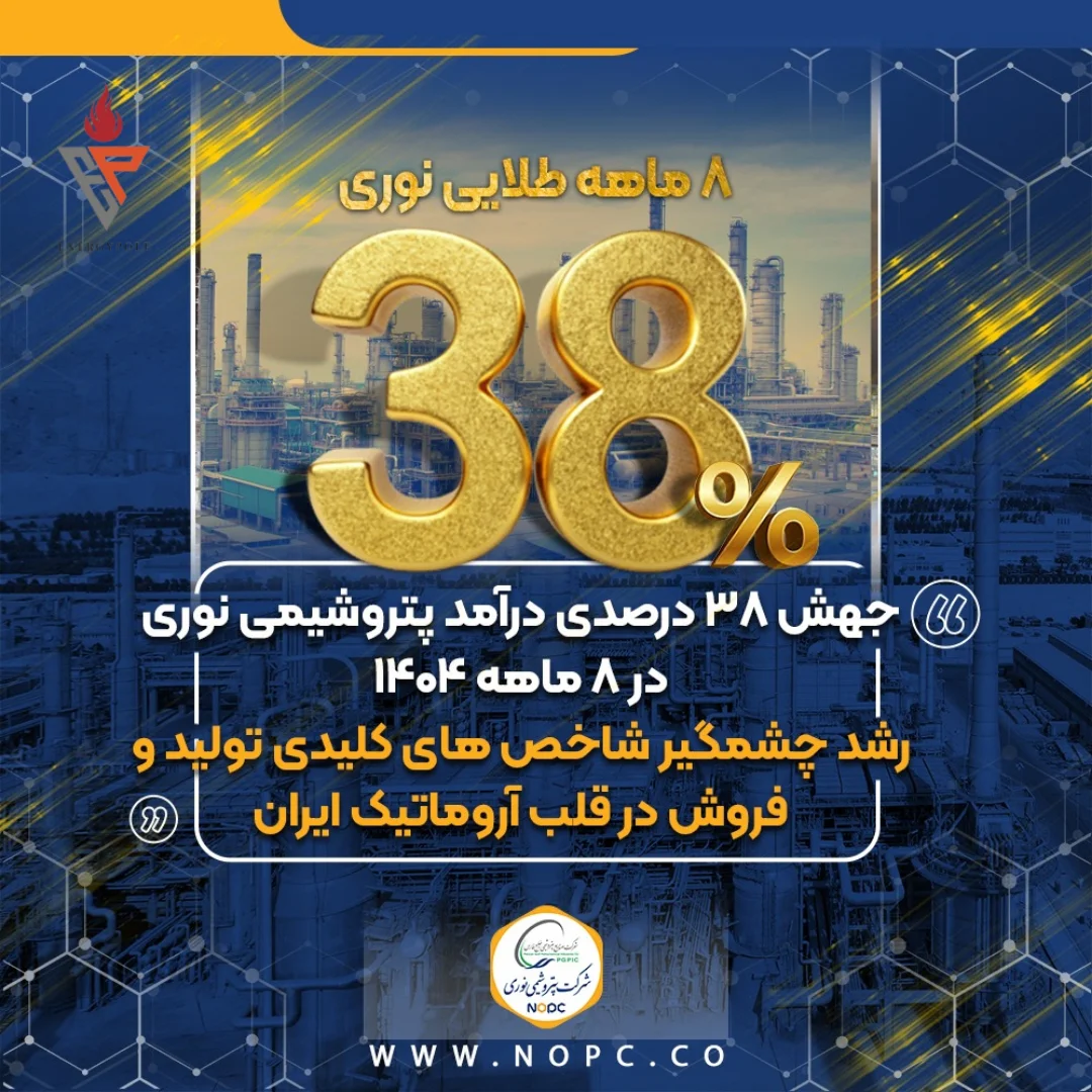 ۸ ماهه طلایی نوری جهش ۳۸ درصدی درآمد پتروشیمی نوری در ۸ ماهه ۱۴۰۴/رشد چشمگیر شاخص های کلیدی تولید و فروش در قلب آروماتیک ایران