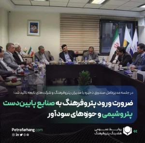 در جلسه مدیرعامل صندوق ذخیره با مدیران پتروفرهنگ و شرکت‌های تابعه تاکید شد؛ ضرورت ورود پتروفرهنگ به صنایع پایین‌دست پتروشیمی و حوزه‌های سودآور